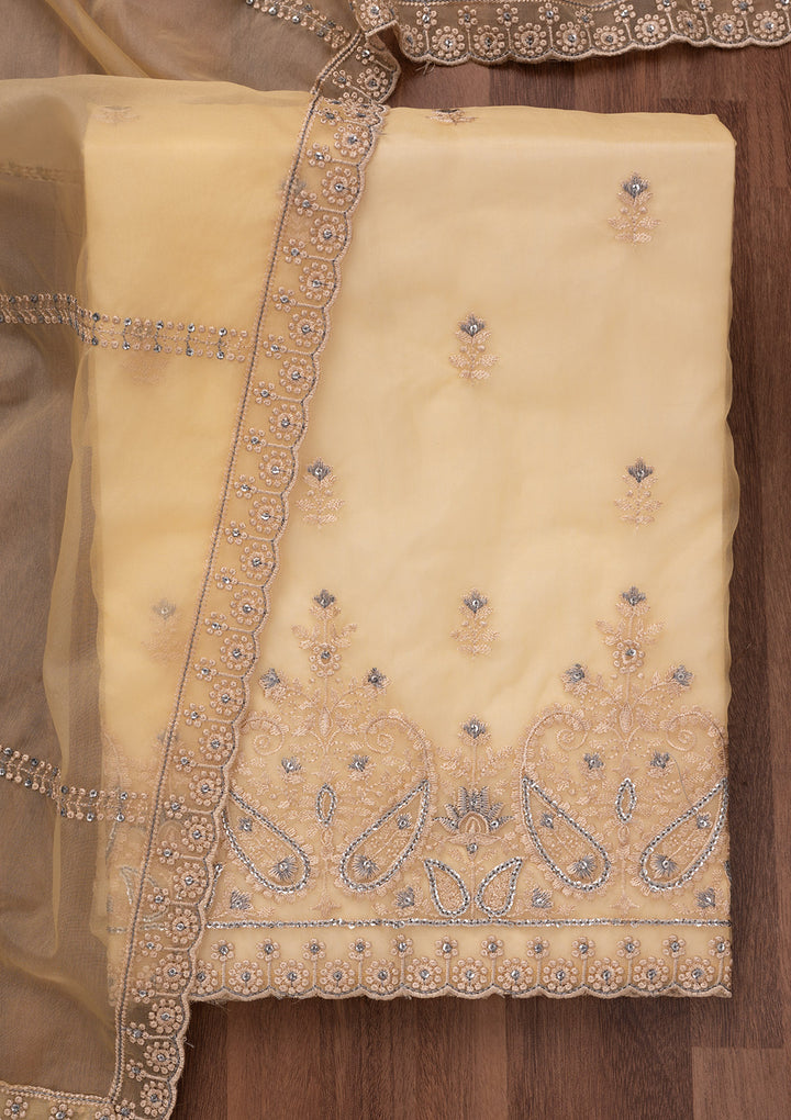 Yellow Threadwork Tissue Unstitched Salwar Suit
