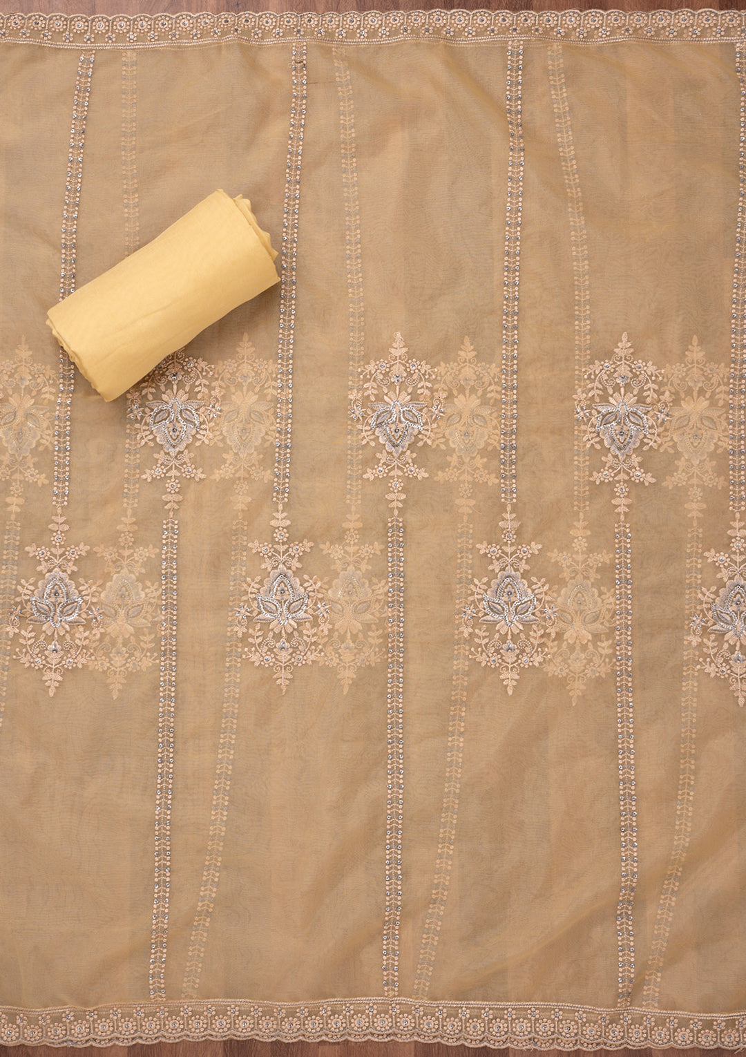 Yellow Threadwork Tissue Unstitched Salwar Suit