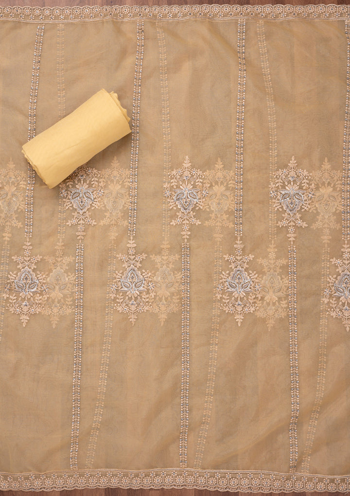 Yellow Threadwork Tissue Unstitched Salwar Suit