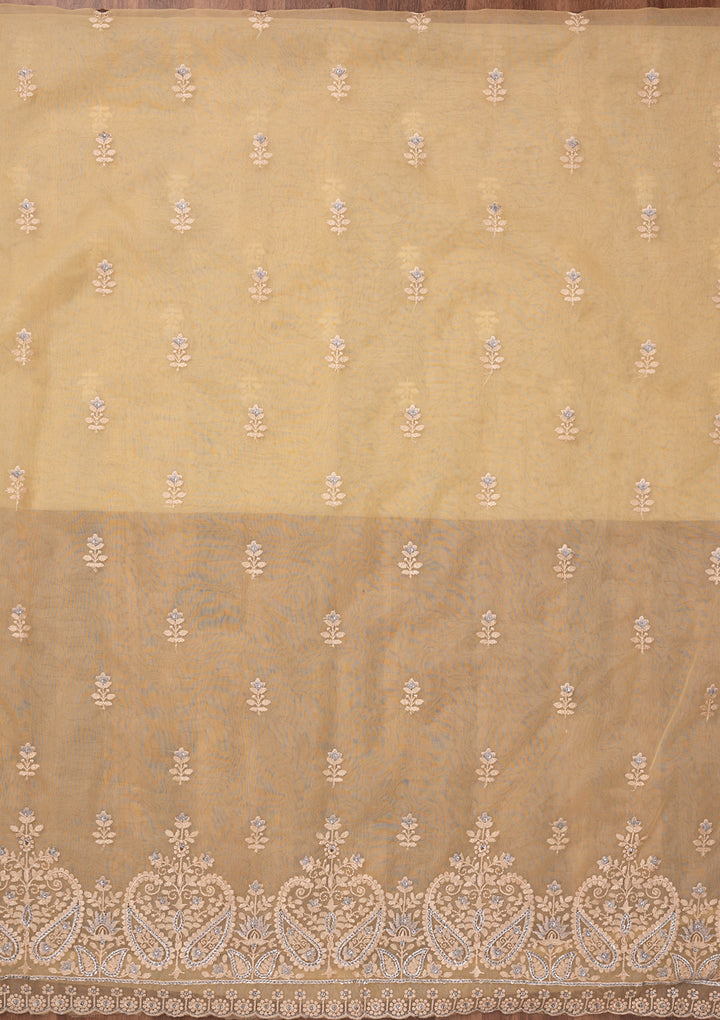 Yellow Threadwork Tissue Unstitched Salwar Suit
