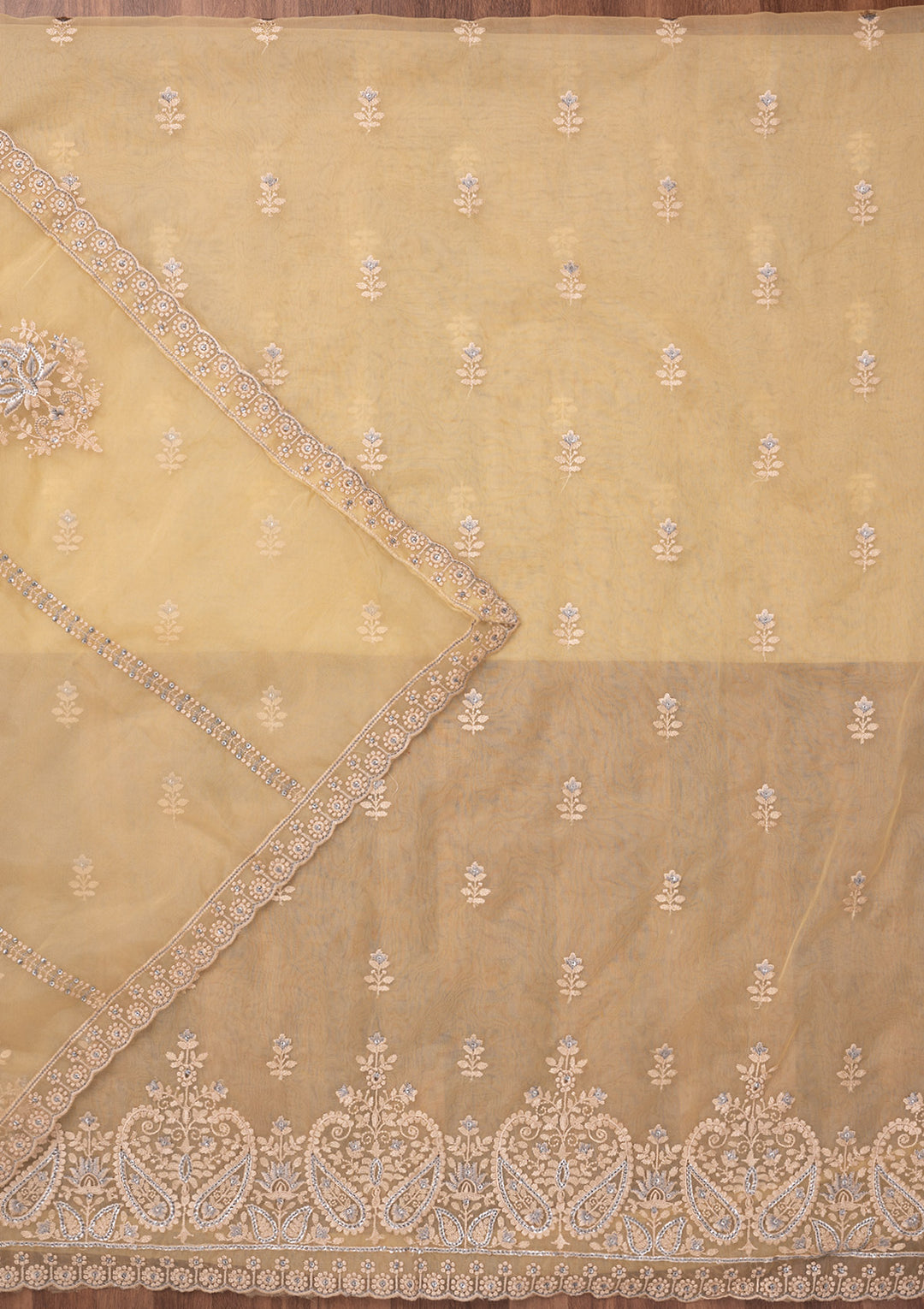 Yellow Threadwork Tissue Unstitched Salwar Suit