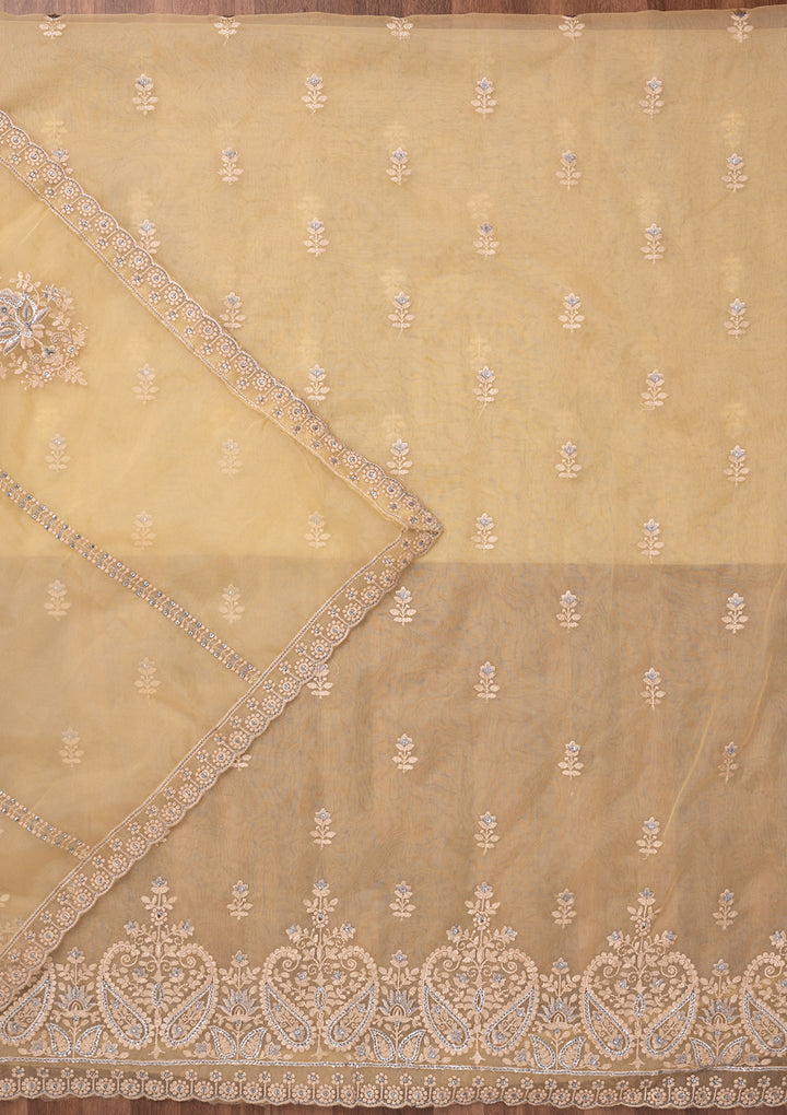 Yellow Threadwork Tissue Unstitched Salwar Suit