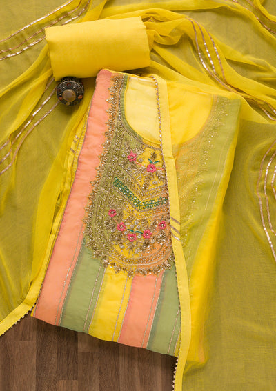 Yellow Zardosi Organza Unstitched Salwar Suit