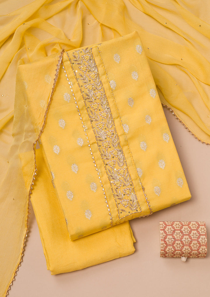 Yellow Zariwork Banarasi Silk Unstitched Salwar Suit