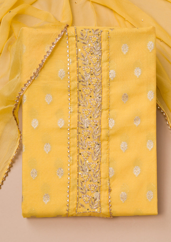 Yellow Zariwork Banarasi Silk Unstitched Salwar Suit
