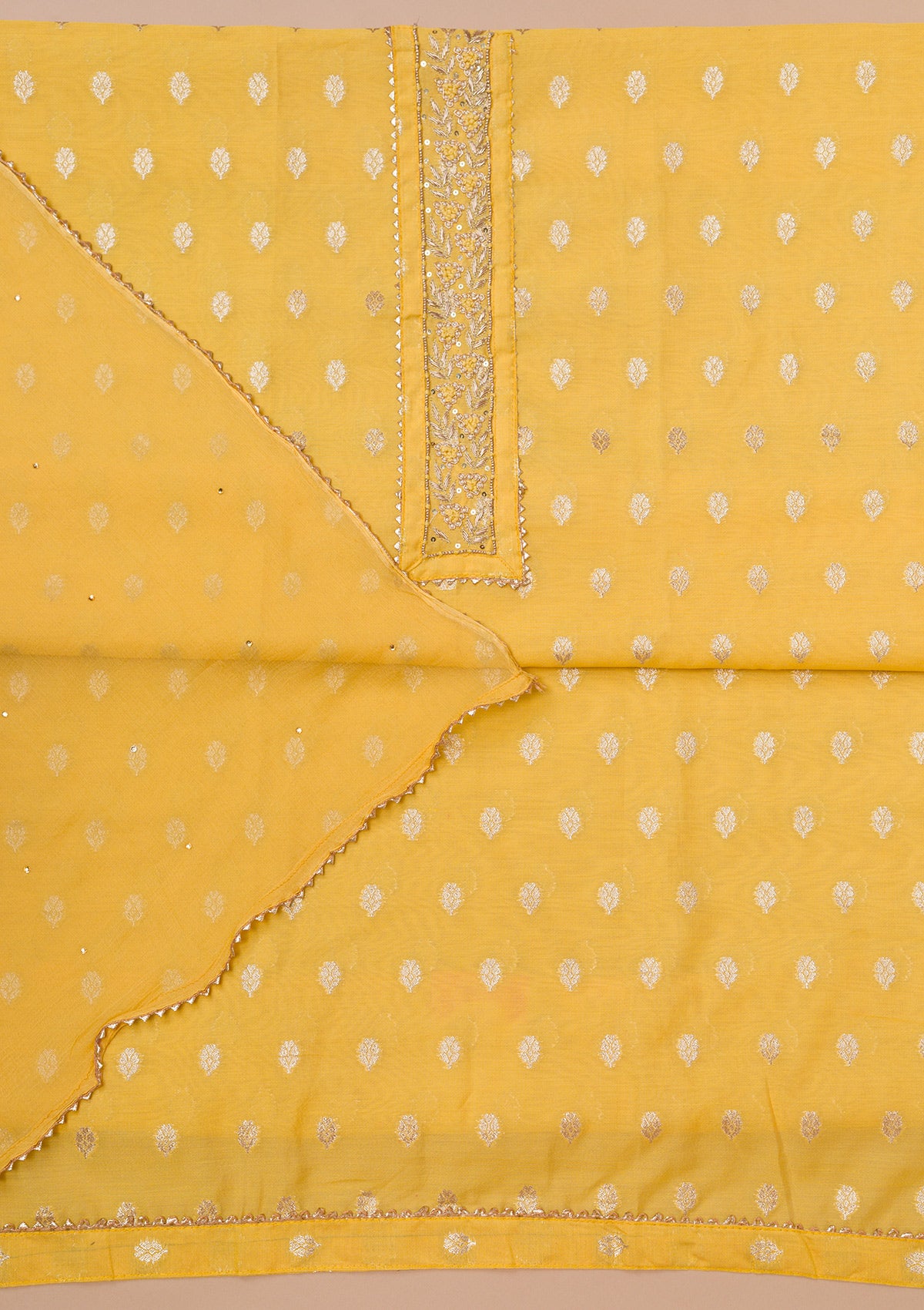 Yellow Zariwork Art Silk Unstitched Salwar Suit