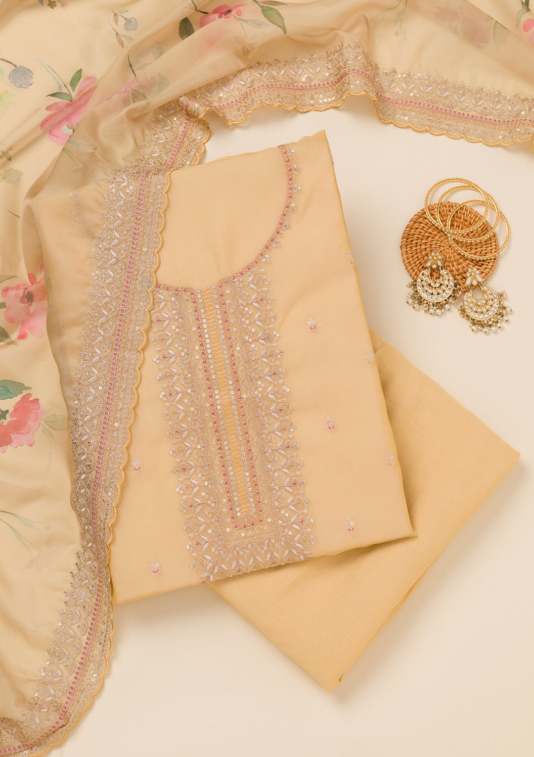 Yellow Zariwork Art Silk Unstitched Salwar Suit