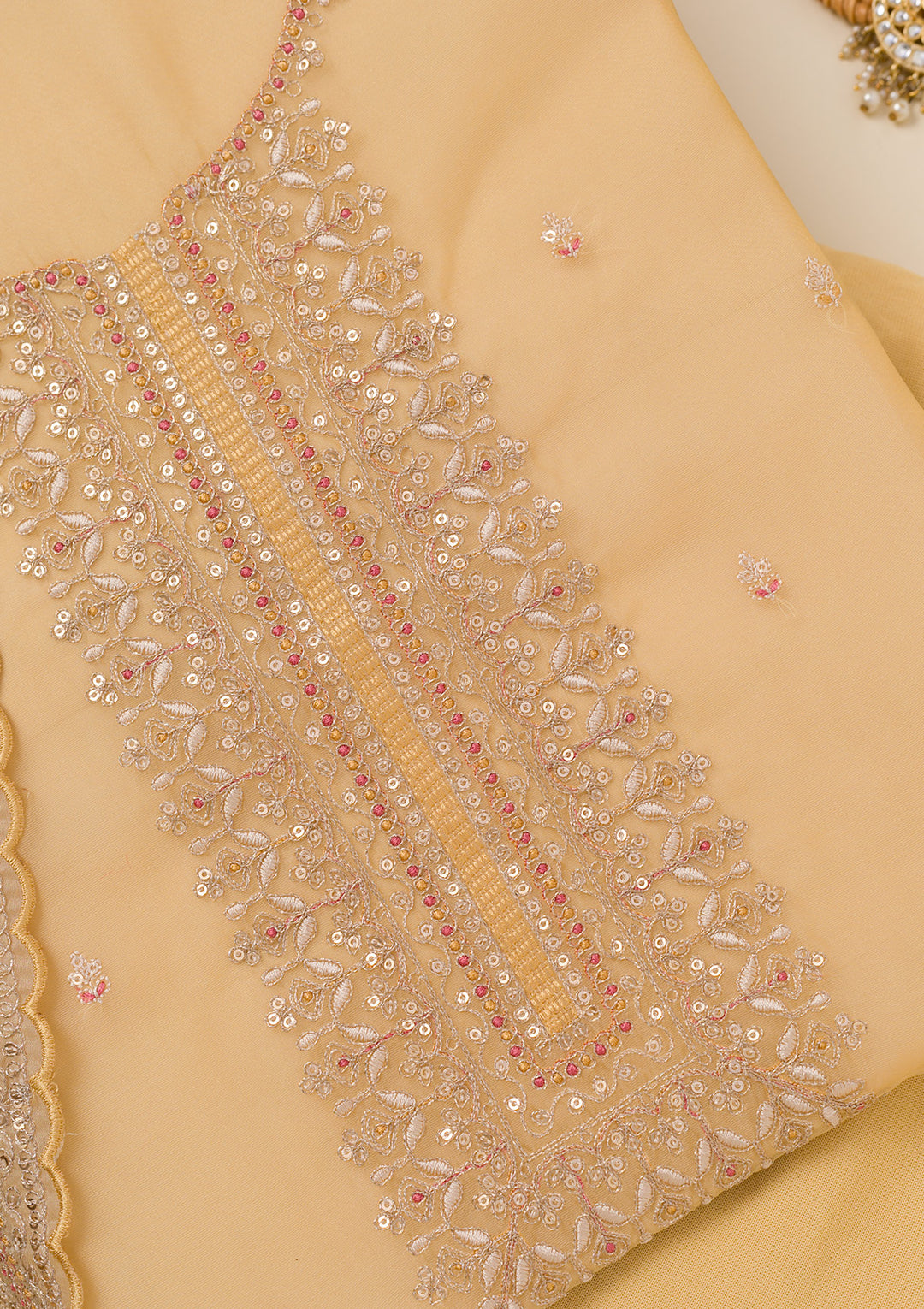 Yellow Zariwork Art Silk Unstitched Salwar Suit