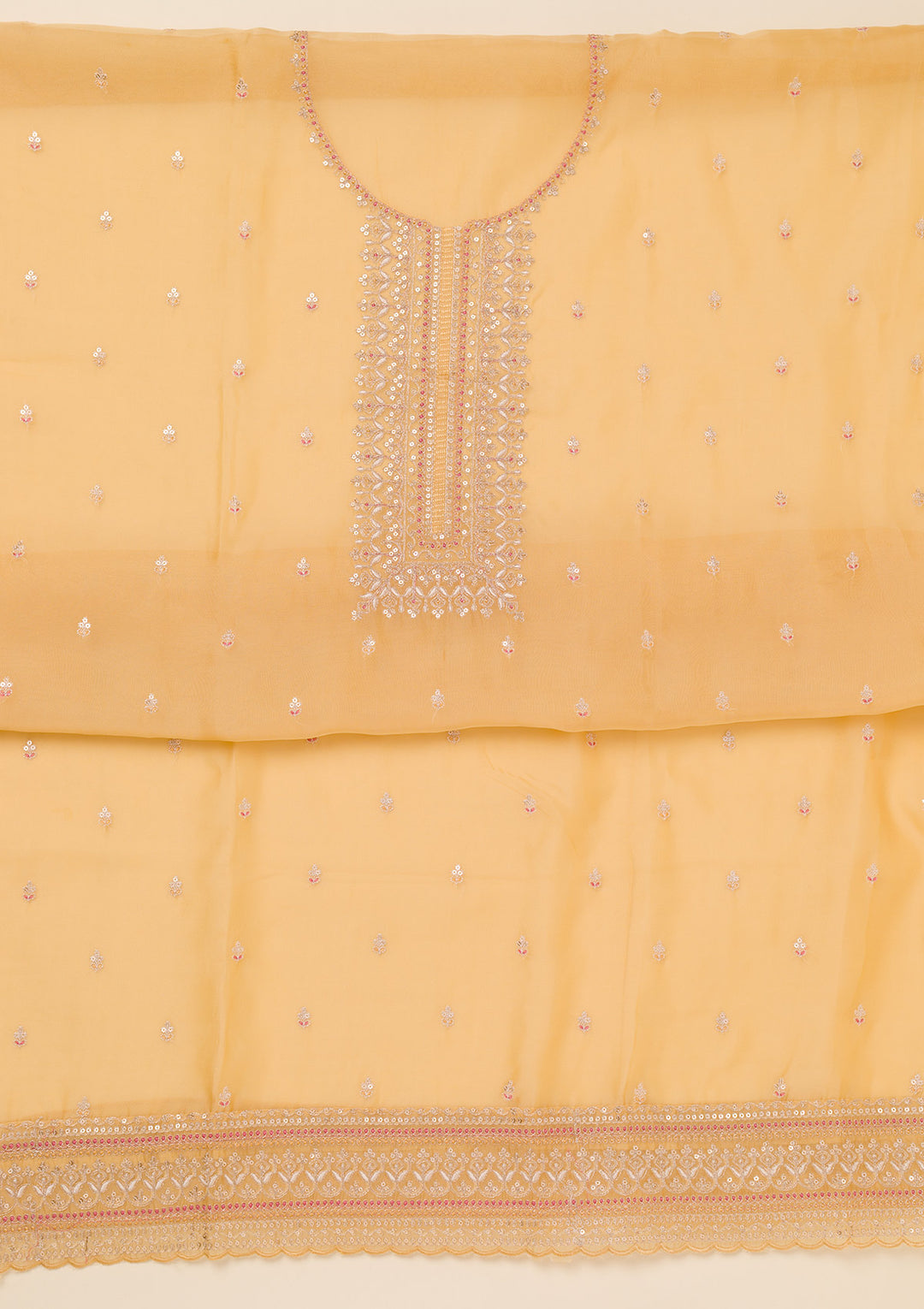 Yellow Zariwork Art Silk Unstitched Salwar Suit