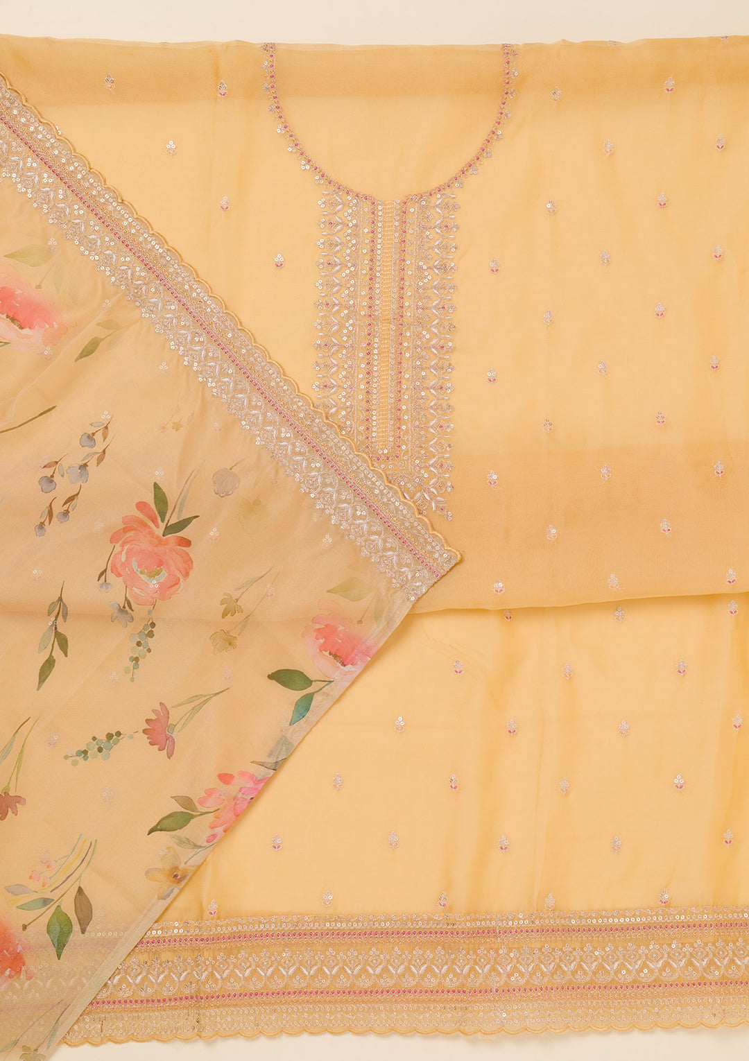 Yellow Zariwork Art Silk Unstitched Salwar Suit