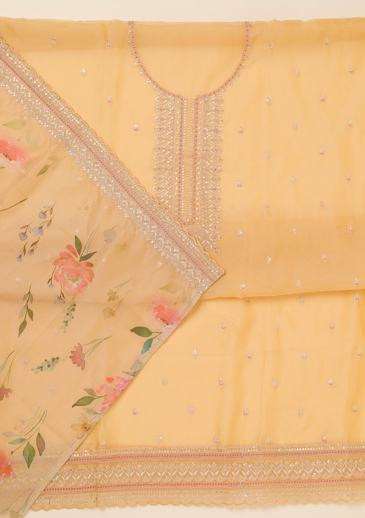 Yellow Zariwork Art Silk Unstitched Salwar Suit