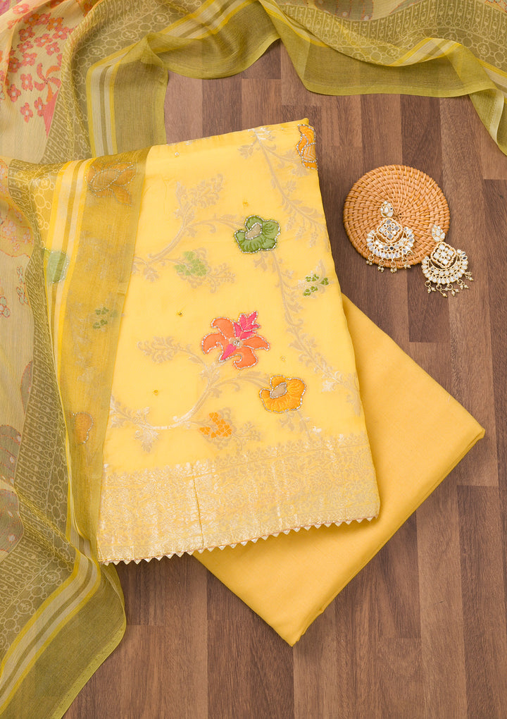 Yellow Zariwork Art Silk Unstitched Salwar Suit