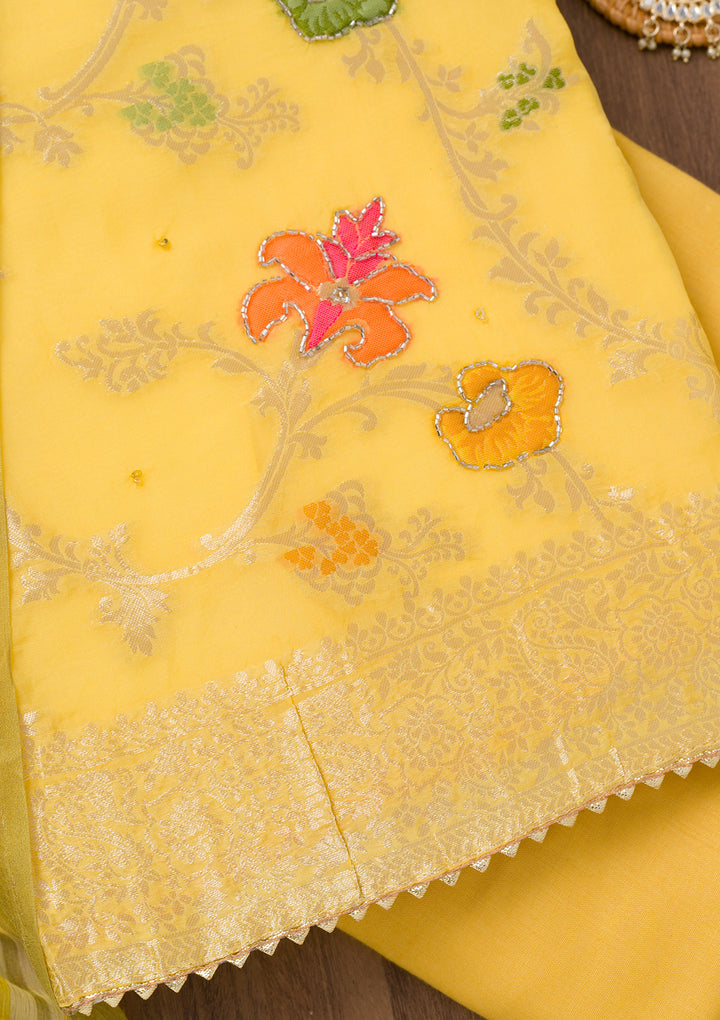 Yellow Zariwork Art Silk Unstitched Salwar Suit