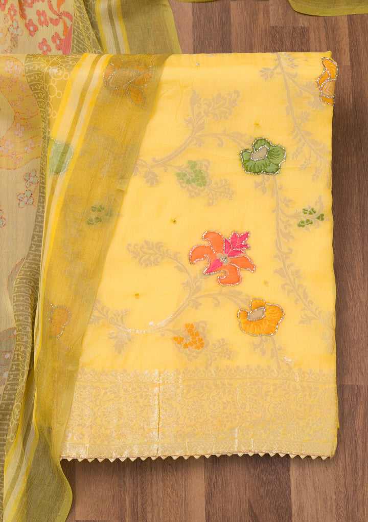 Yellow Zariwork Art Silk Unstitched Salwar Suit