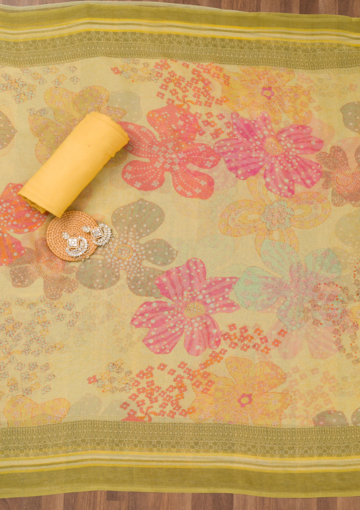 Yellow Zariwork Art Silk Unstitched Salwar Suit