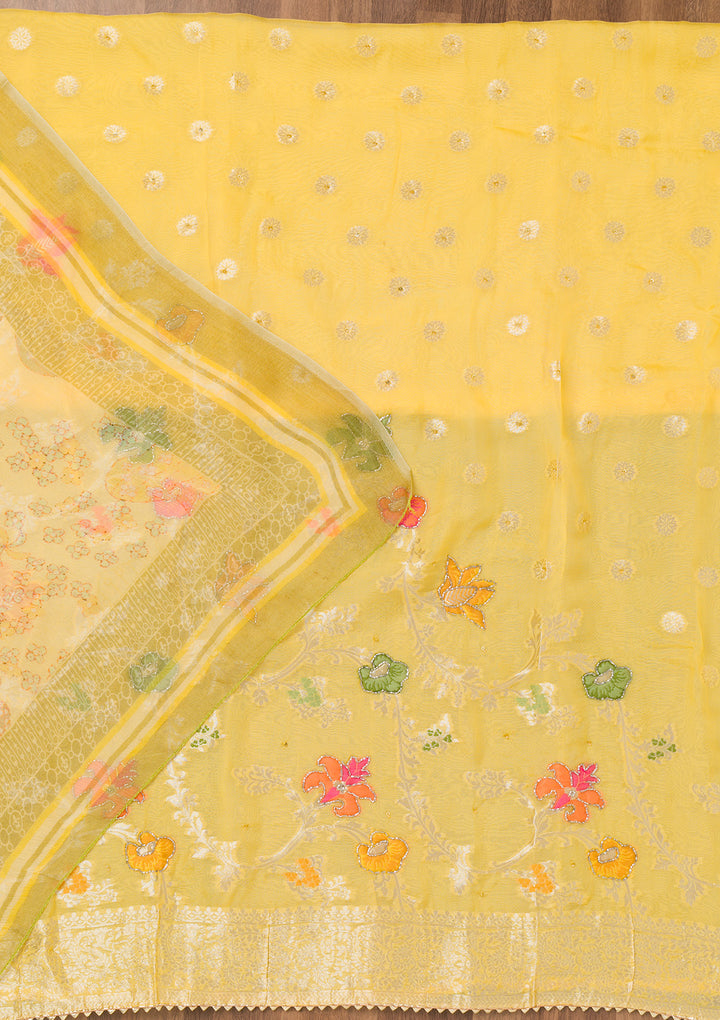 Yellow Zariwork Art Silk Unstitched Salwar Suit
