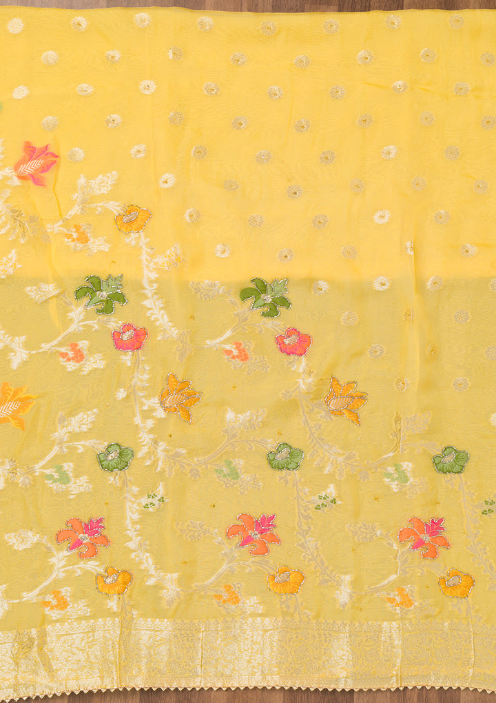 Yellow Zariwork Art Silk Unstitched Salwar Suit