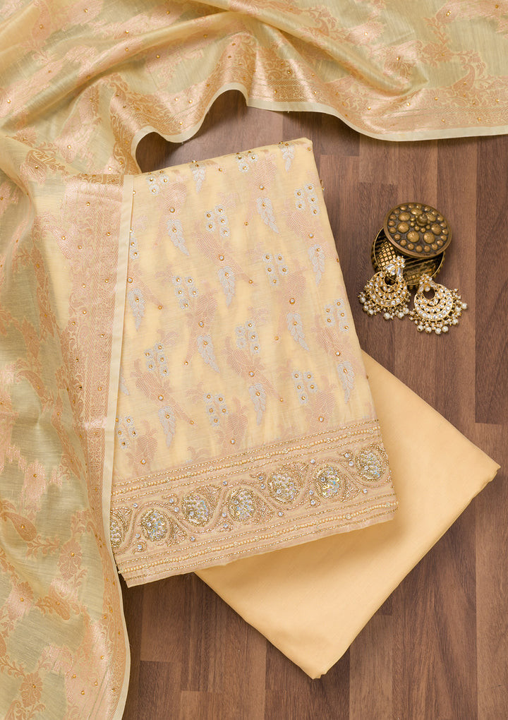 Yellow Zariwork Banarasi Unstitched Salwar Suit