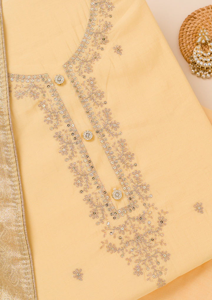 Yellow Zariwork Chanderi Unstitched Salwar Suit