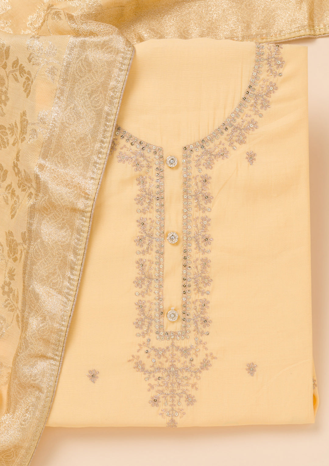 Yellow Zariwork Chanderi Unstitched Salwar Suit