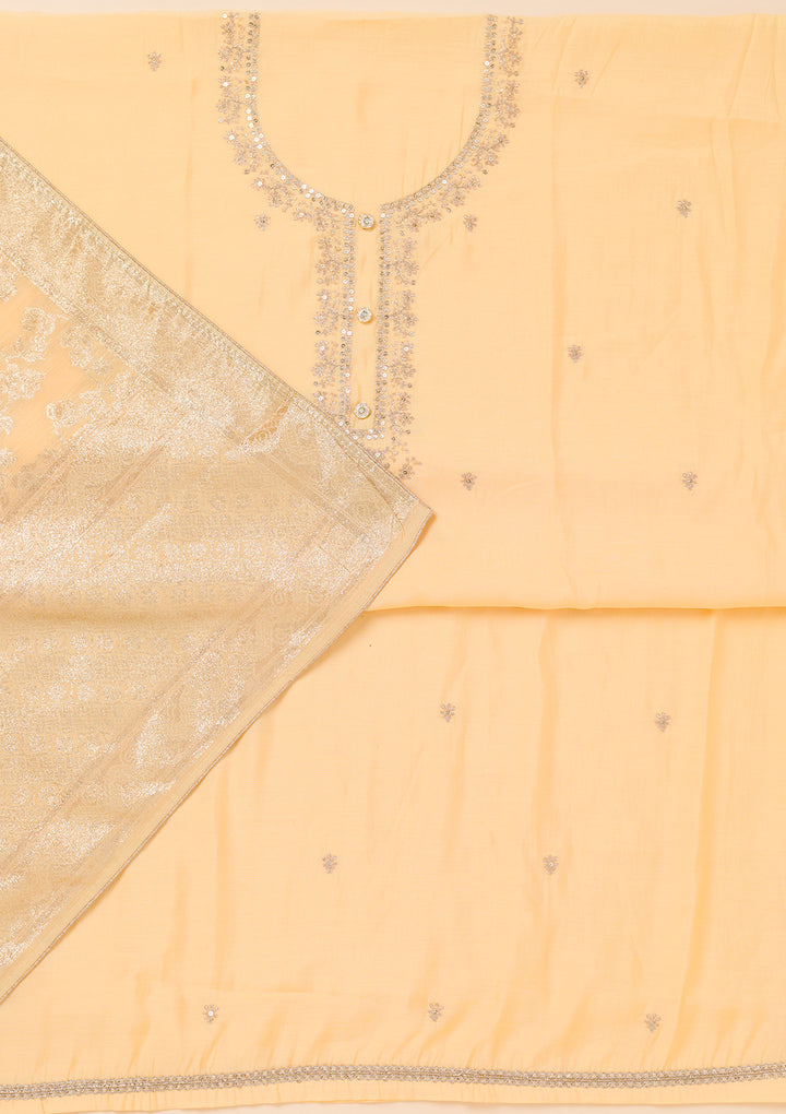 Yellow Zariwork Chanderi Unstitched Salwar Suit