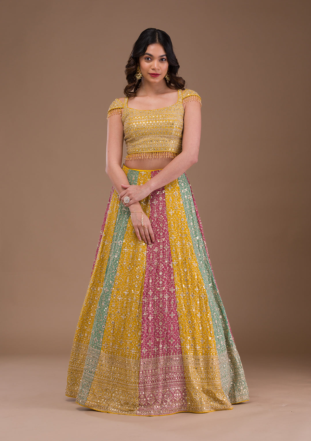 Yellow Zariwork Georgette Readymade Lehenga-Koskii