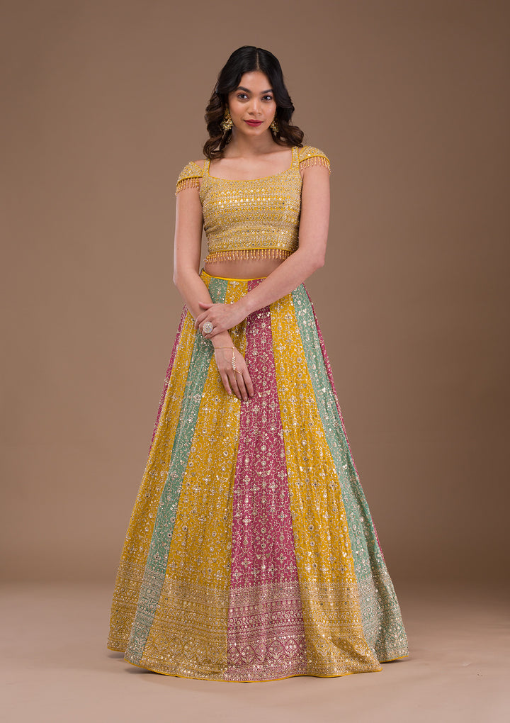 Yellow Zariwork Georgette Readymade Lehenga-Koskii