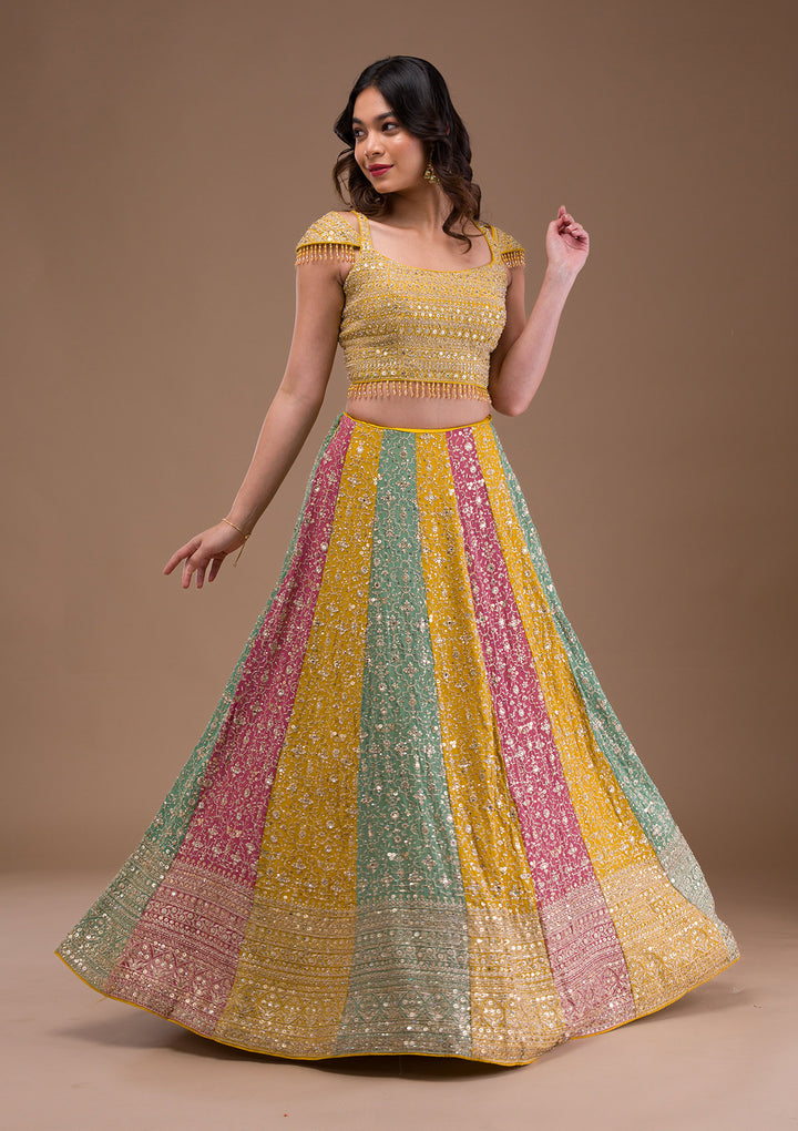 Yellow Zariwork Georgette Readymade Lehenga-Koskii