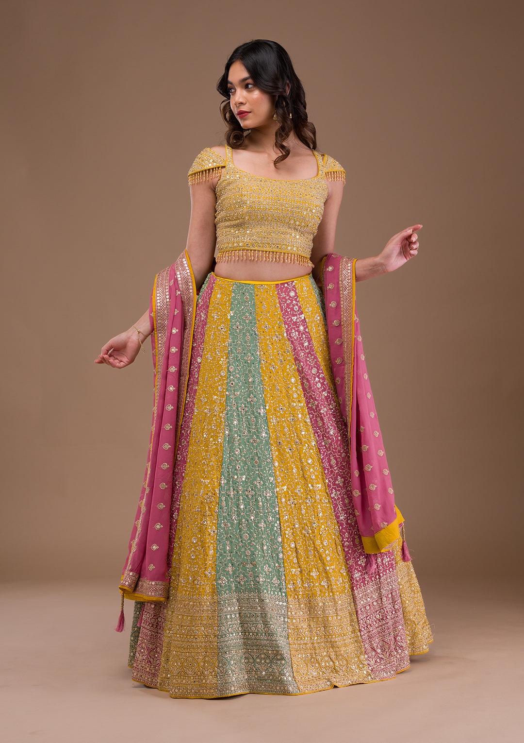 Yellow Zariwork Georgette Readymade Lehenga-Koskii