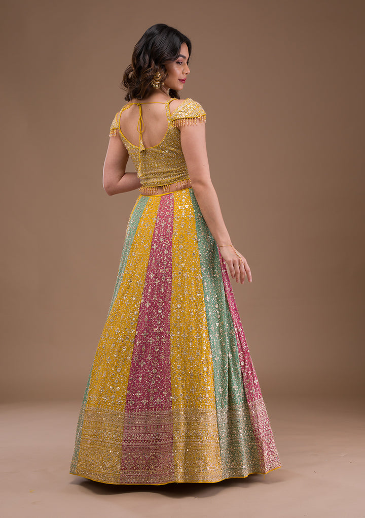 Yellow Zariwork Georgette Readymade Lehenga-Koskii