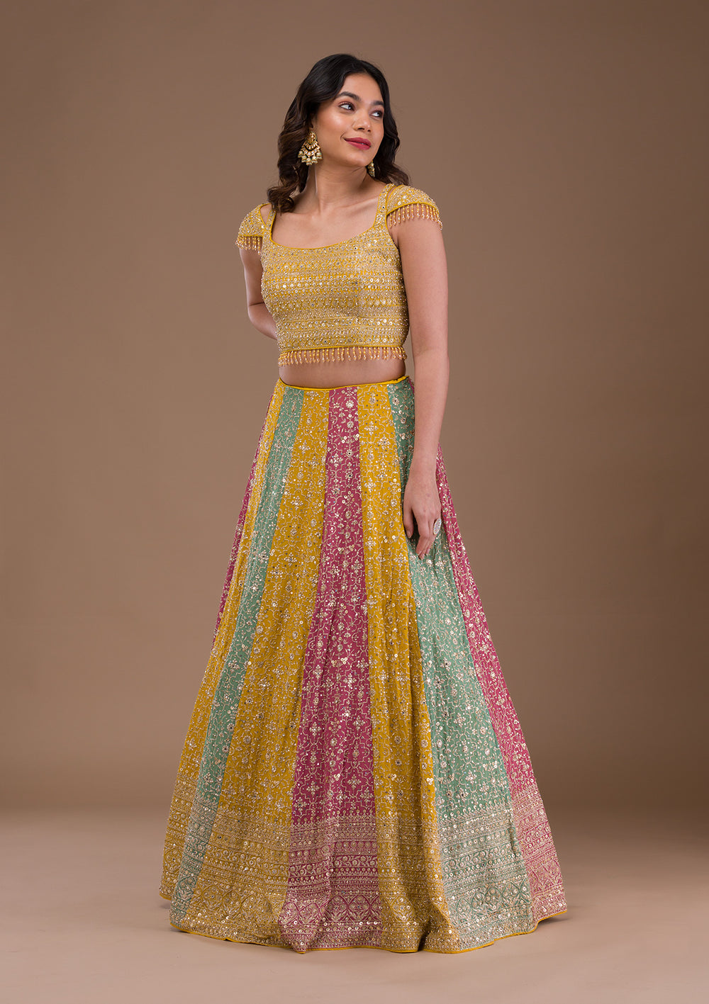 Yellow Zariwork Georgette Readymade Lehenga-Koskii