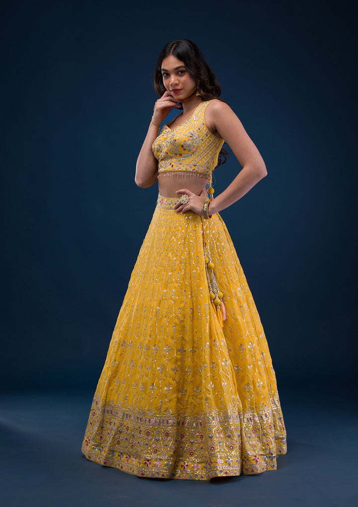 Yellow Zariwork Georgette Readymade Lehenga