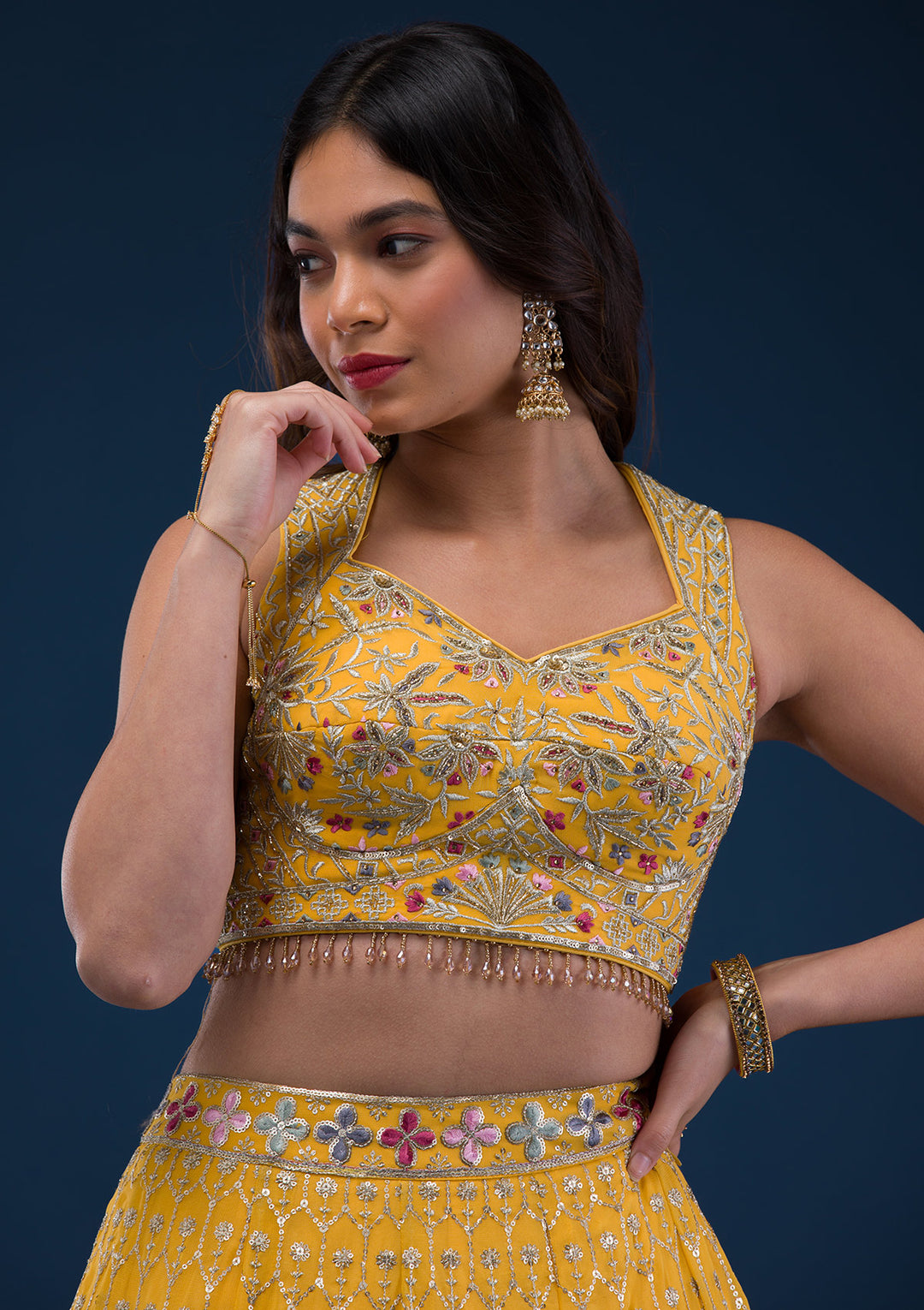Yellow Zariwork Georgette Readymade Lehenga