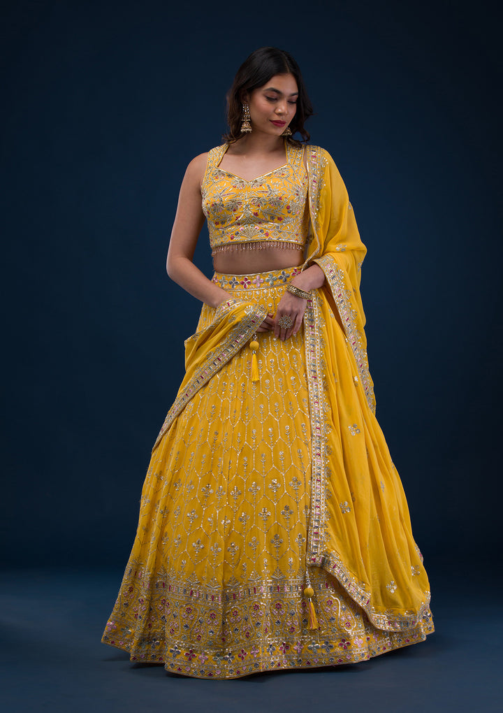 Yellow Zariwork Georgette Readymade Lehenga