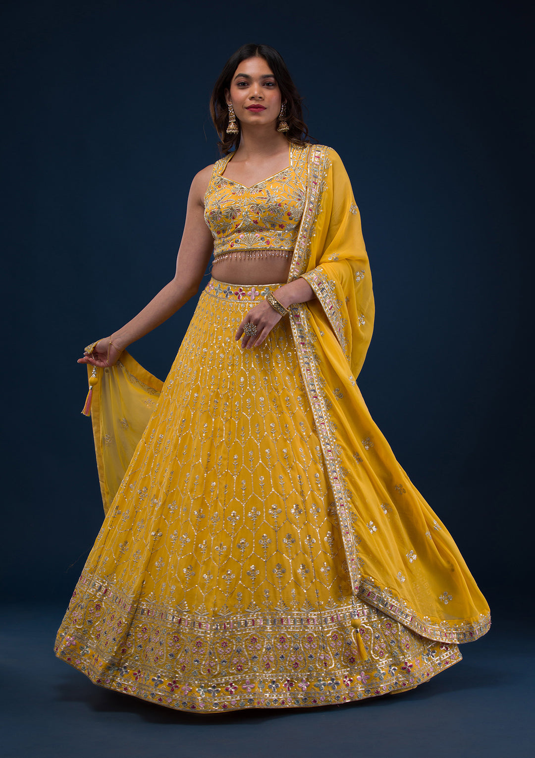 Yellow Zariwork Georgette Readymade Lehenga