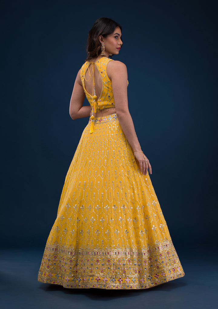 Yellow Zariwork Georgette Readymade Lehenga