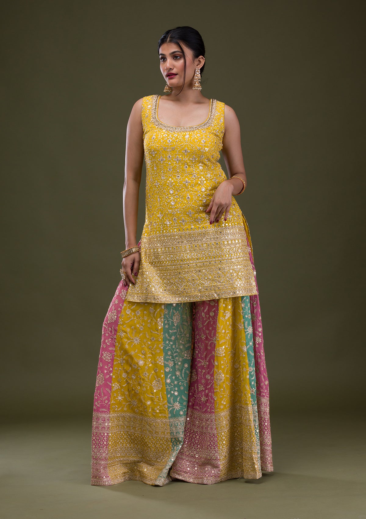 Yellow Zariwork Georgette Readymade Salwar Suit