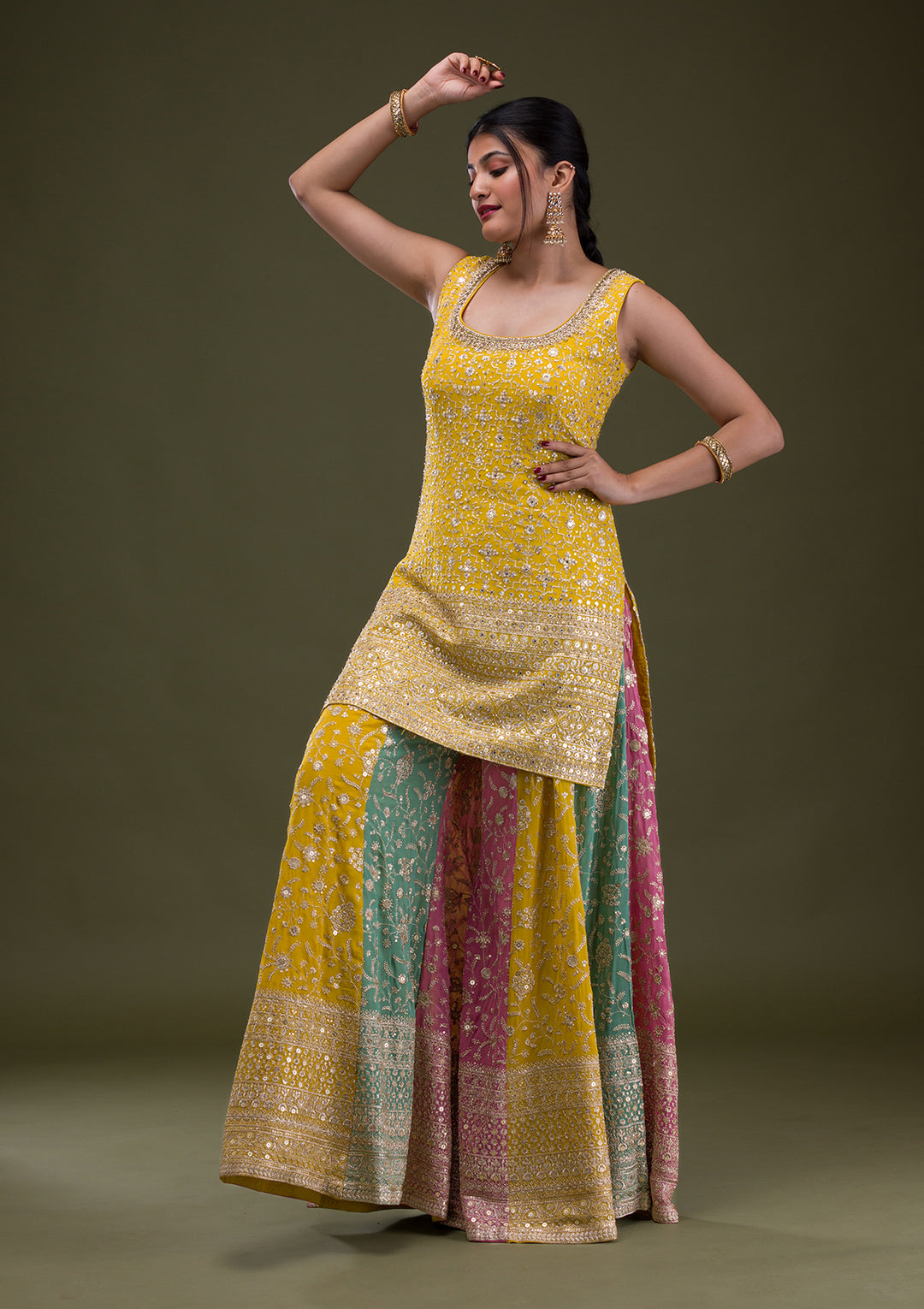 Yellow Zariwork Georgette Readymade Salwar Suit
