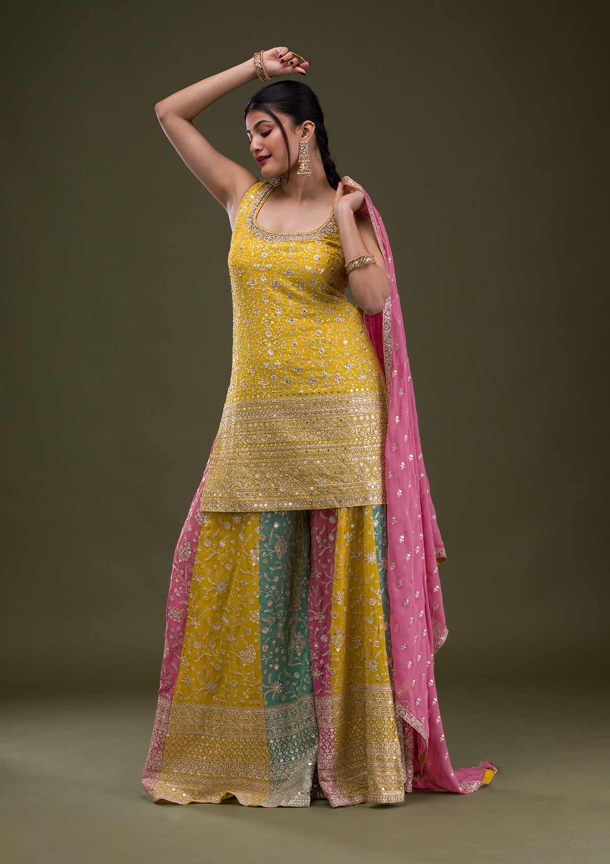 Yellow Zariwork Georgette Readymade Salwar Suit