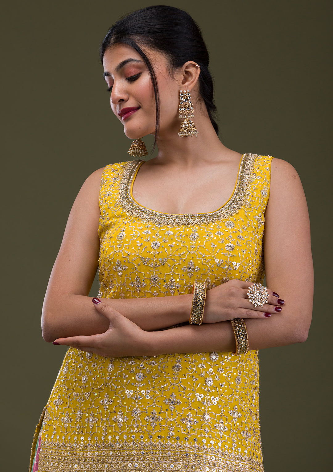 Yellow Zariwork Georgette Readymade Salwar Suit