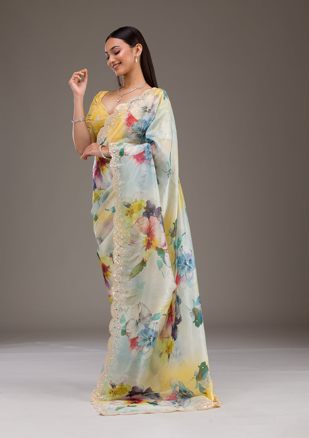 Yellow Zariwork Georgette Saree
