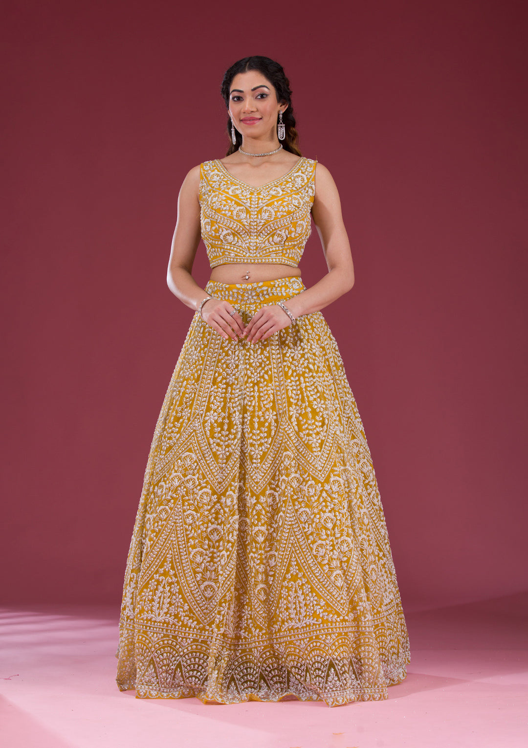 Yellow Zariwork Net Readymade Lehenga