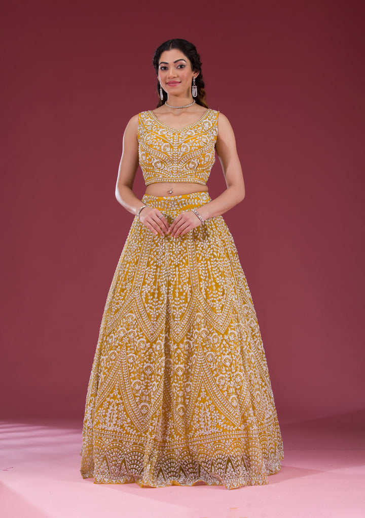Yellow Zariwork Net Readymade Lehenga