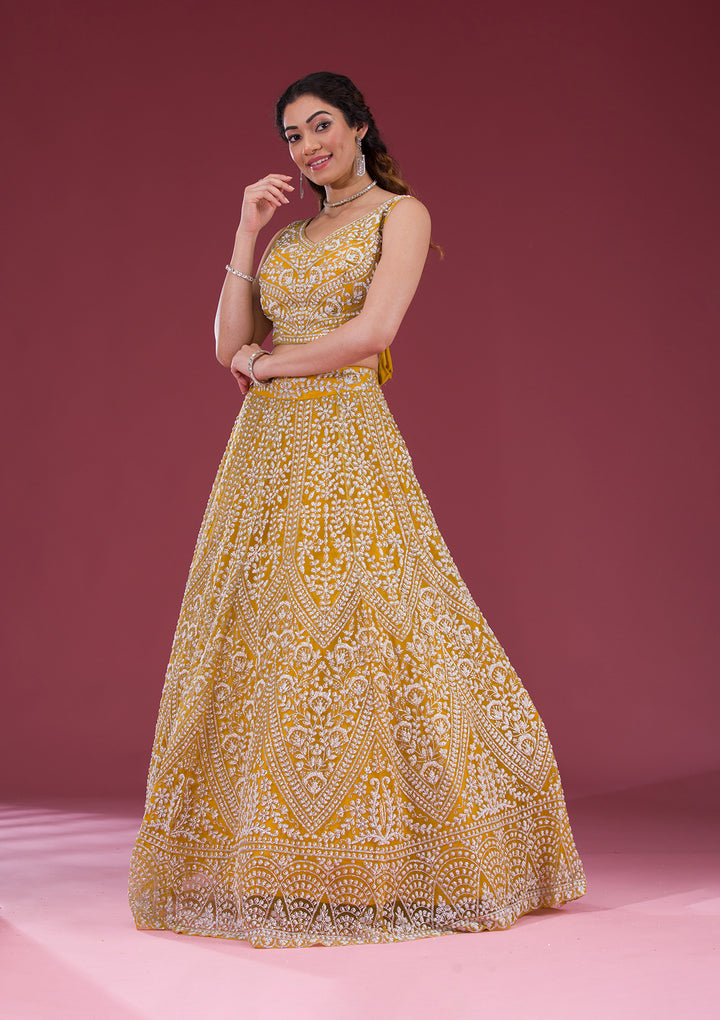 Yellow Zariwork Net Readymade Lehenga