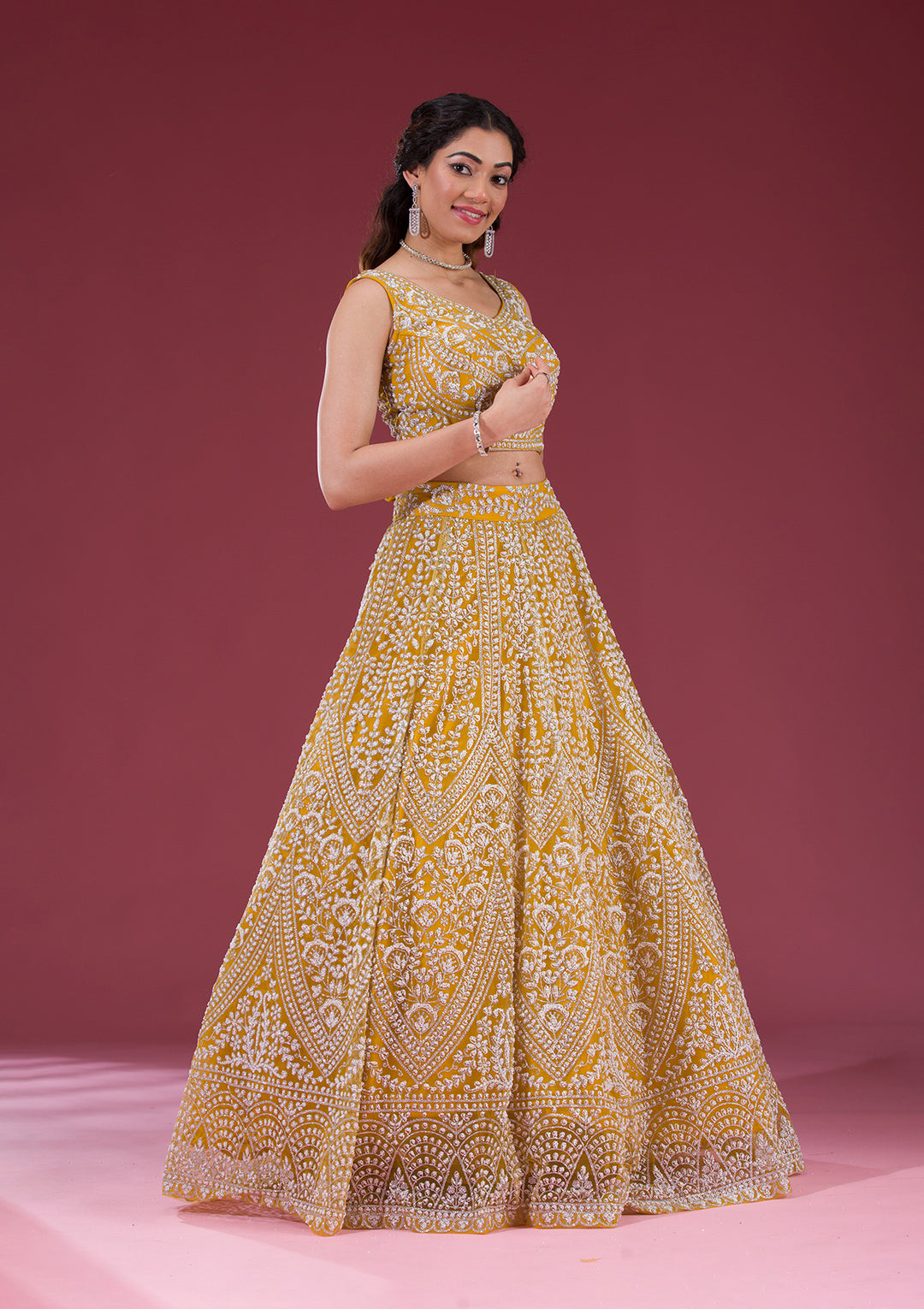Yellow Zariwork Net Readymade Lehenga