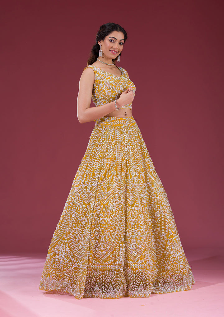 Yellow Zariwork Net Readymade Lehenga