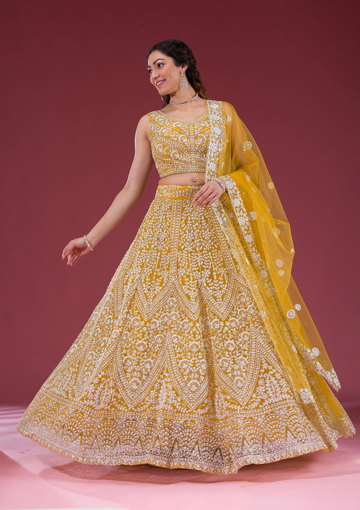 Yellow Zariwork Net Readymade Lehenga
