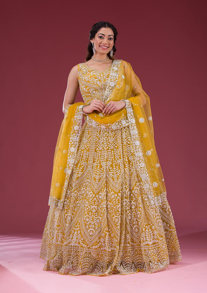 Yellow Zariwork Net Readymade Lehenga