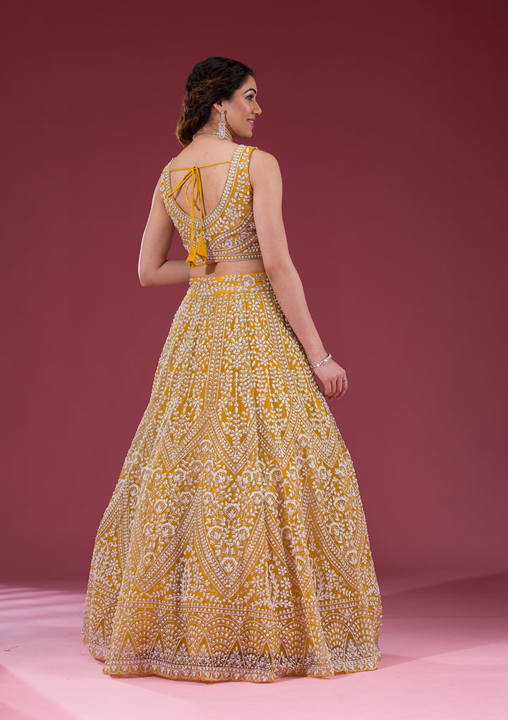 Yellow Zariwork Net Readymade Lehenga