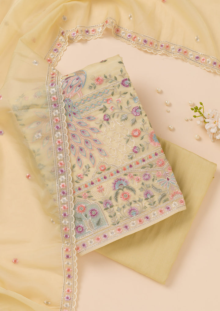 Yellow Zariwork Organza Unstitched Salwar Suit